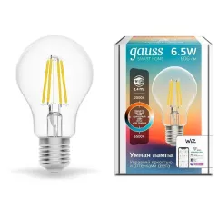 Лампа светодиодная филаментная Gauss Smart Home DIM+CCT E27 A60 6,5Вт 2000-6500 К 1/10/40