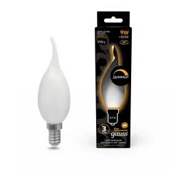 Gauss Filament Свеча на ветру 9W 590lm 3000К Е14 milky диммируемая LED 1/10/50 арт. 104201109-D