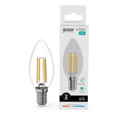 Лампа Gauss Filament Elementary Свеча 10W 670lm 4100К Е14 LED 1/10/100
Артикул: 32120
