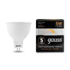 Фото Лампа Gauss MR16 5W 500lm 3000K GU5.3 диммируемая LED 1/10/100 Артикул: 101505105-D