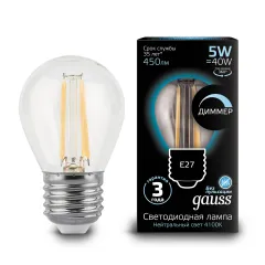 Фото Лампа Gauss Filament Шар 5W 450lm 4100К Е27 диммируемая LED 1/10/50 Артикул: 105802205-D