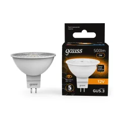 Фото Лампа Gauss MR16 12V 5W 500lm 3000K GU5.3 LED 1/10/100 Артикул: 201505105