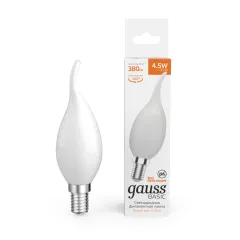 Фото Лампа Gauss Basic Filament Свеча на ветру 4,5W 380lm 2700К Е14 milky LED 1/10/50 Артикул: 1045115