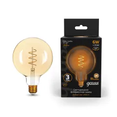Фото Лампа Gauss Filament G125 6W 360lm 2400К Е27 golden flexible LED 1/20 Артикул: 158802008