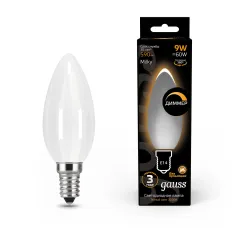 Фото Лампа Gauss Filament Свеча 9W 590lm 3000К Е14 milky диммируемая LED 1/10/50 103201109-D