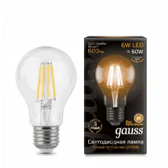 Gauss LED Filament A60 E27 6W 2700К 1/10/40 арт. 102802106