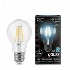 Gauss LED Filament A60 E27 6W 4100К 1/10/40 арт. 102802206