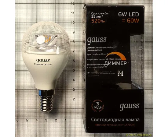 Gauss LED Globe-dim Crystal Clear E14 6W 2700K диммируемая 1/10/50 арт. 105201106-D