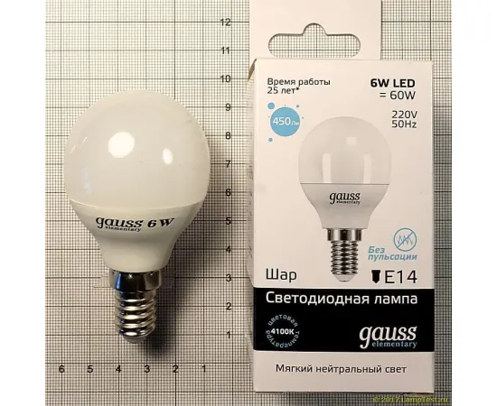 Gauss LED Elementary Globe 6W E14 4100K 1/10/50 арт. 53126 Gauss LED Elementary Globe 6W E14 4100K 1/10/50 арт. 53126