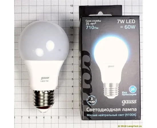Фото тестирование  Лампа Gauss A60 7W 710lm 4100K E27 LED арт. 102502207