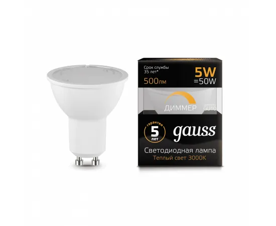 Фото характеристики Лампа Gauss MR16 5W 500lm 3000K GU10 диммируемая LED арт. 101506105-D