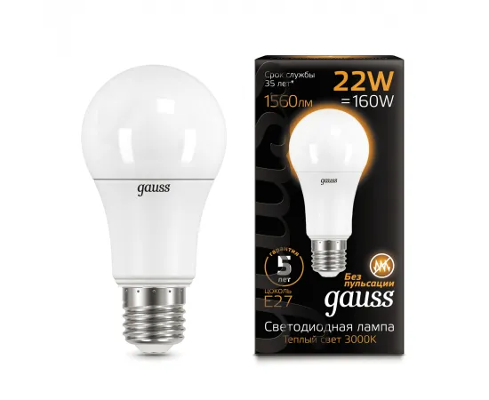 Gauss LED A70 22W E27 1560lm 3000K 1/10/50