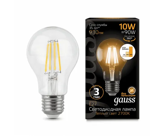 Gauss LED Filament A60 E27 10W 930lm 2700К шаг. диммирование 1/10/40