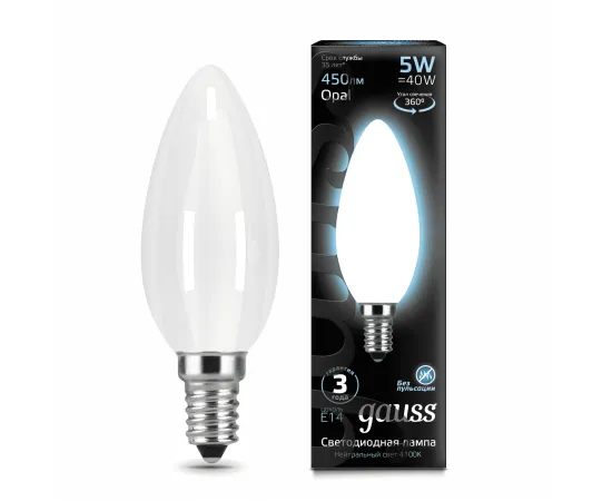 Gauss LED Filament Свеча OPAL E14 5W 450lm 4100К 1/10/50