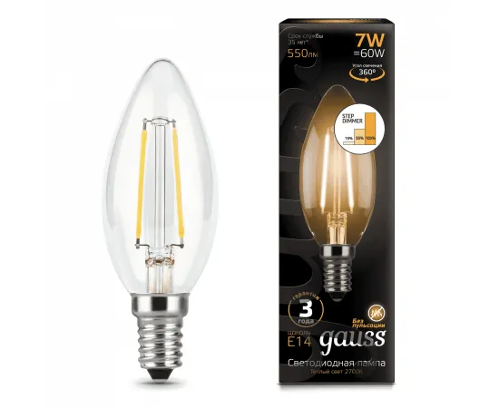 Gauss LED Filament Свеча E14 7W 550lm 2700К шаг. диммирование 1/10/50