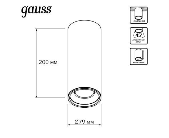 Фото Светильник Gauss Overhead накл цил 12W 900lm 3000K 170-240V IP20 79*200мм черный LED 1/10 Артикул: HD029