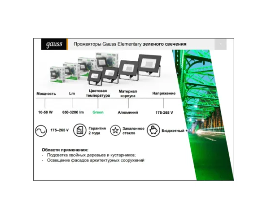 Фото Прожектор Gauss Elementary 50W 3200lm зеленого свечения 175-265V IP65 черный LED арт. 613100650