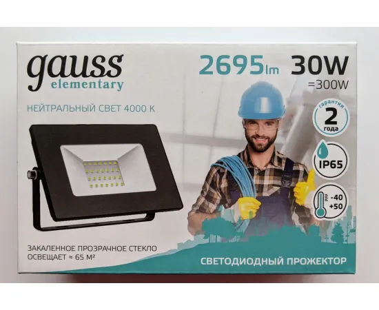 Фото Прожектор Gauss Elementary 30W 2695lm 4000К 200-240V IP65 черный LED арт. 613100230