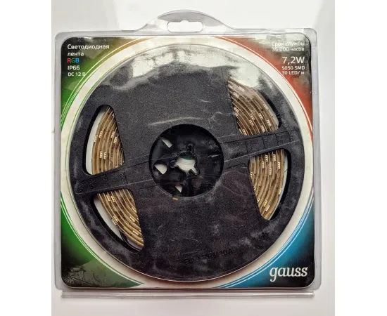 Фото Светодиодная лента Gauss LED 5050-SMD 7.2W 12V DC RGB IP66 (блистер 5м) арт. 311000407