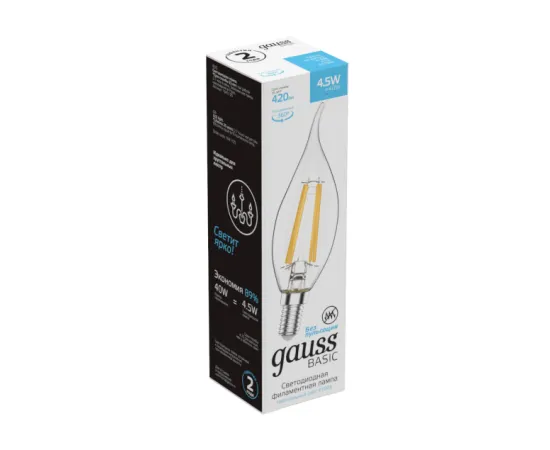 Gauss Basic Filament Свеча на ветру 4,5W 420lm 4100К Е14 LED арт. 1041125 коробка