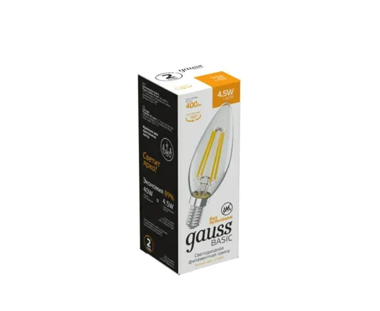 Фото коробки лампы Gauss Basic Filament Свеча 4,5W 400lm 2700К Е14 LED арт. 1031115 коробка