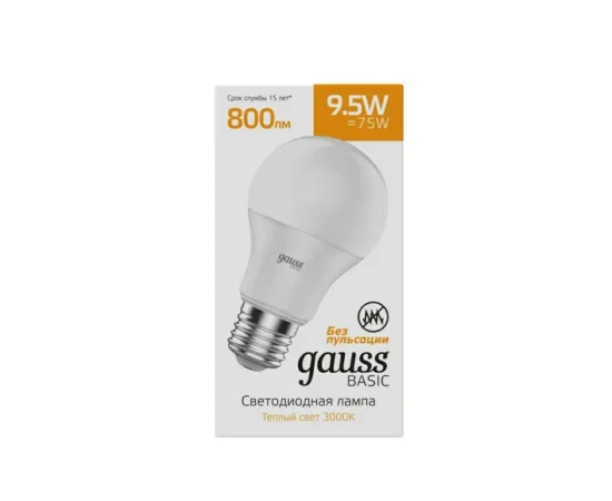 Gauss Basic A60 9,5W 800lm 3000K Е27 LED 1/10/50, изображение 2