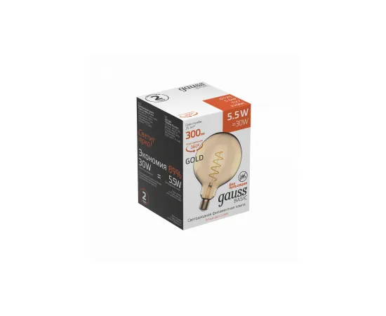 Gauss Basic Filament G125 5,5W 300lm 2200К Е27 golden LED арт. 1111246 коробка