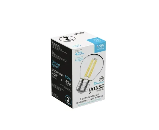 Лампа Gauss Basic Филамент Шар 4,5W 420lm 4100К Е27 LED 1/10/50, изображение 2 Лампа Gauss Basic Филамент Шар 4,5W 420lm 4100К Е27 LED 1/10/50, изображение 2