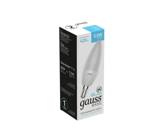 Gauss Basic Свеча 5,5W 420lm 4100K E14 LED арт. 1033126 упаковка