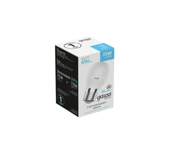 Gauss Basic Шар 7,5W 690lm 4100K E27 LED 1/10/100, изображение 2 Gauss Basic Шар 7,5W 690lm 4100K E27 LED 1/10/100, изображение 2