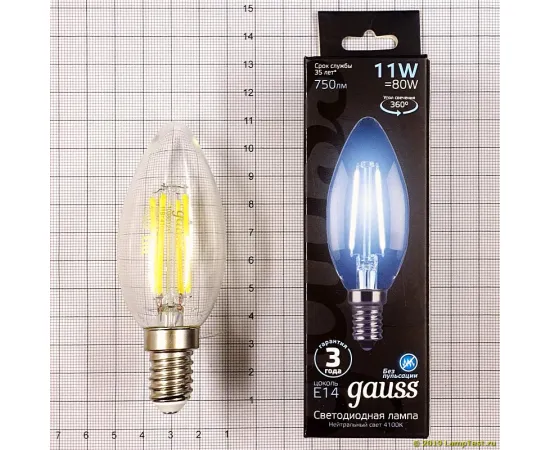 Фото Лампа тестирование Gauss Filament Свеча 11W 830lm 4100К Е14 LED арт. 103801211 Фото Лампа тестирование Gauss Filament Свеча 11W 830lm 4100К Е14 LED арт. 103801211
