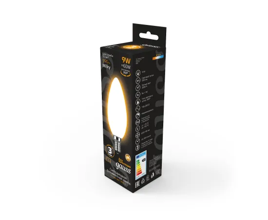 Фото Лампа Gauss Filament Свеча 9W 590lm 3000К Е14 milky LED 1/10/50 Артикул: 103201109