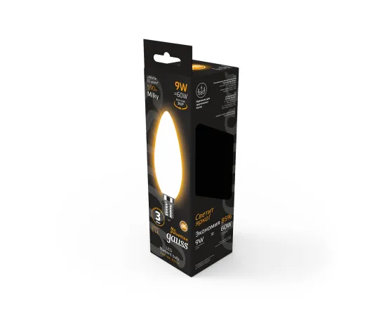 Фото Лампа Gauss Filament Свеча 9W 590lm 3000К Е14 milky LED 1/10/50 Артикул: 103201109