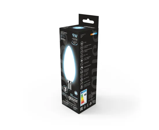 Фото характеристики  Лампа Gauss Filament Свеча 9W 610lm 4100К Е14 milky LED арт. 103201209