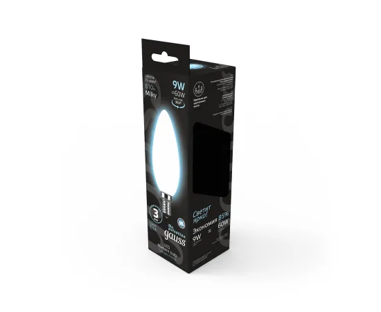 Фото Лампа Gauss Filament Свеча 9W 610lm 4100К Е14 milky LED арт. 103201209