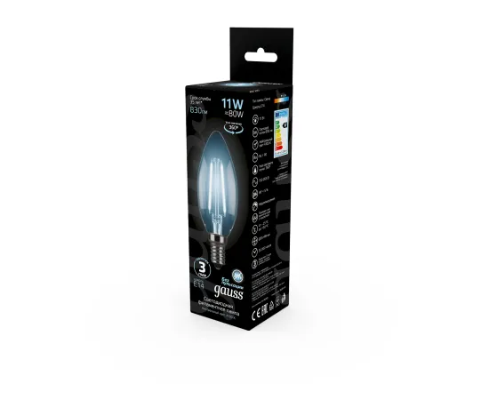 Лампа Gauss Filament Свеча 11W 830lm 4100К Е14 LED 1/10/50 Лампа Gauss Filament Свеча 11W 830lm 4100К Е14 LED 1/10/50