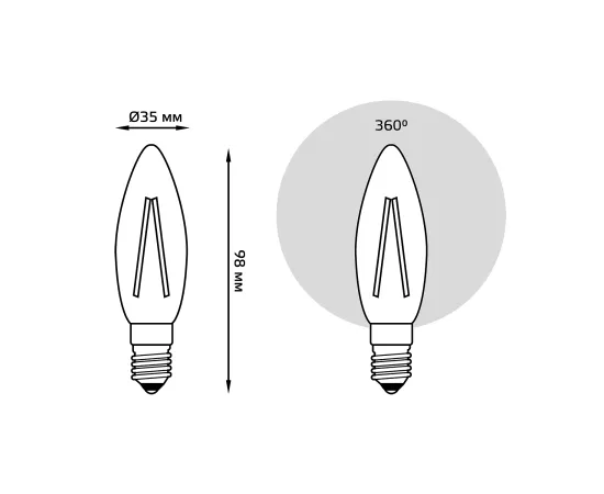 Фото размеры Лампа Gauss Filament Свеча 11W 830lm 4100К Е14 LED арт. 103801211 Фото размеры Лампа Gauss Filament Свеча 11W 830lm 4100К Е14 LED арт. 103801211