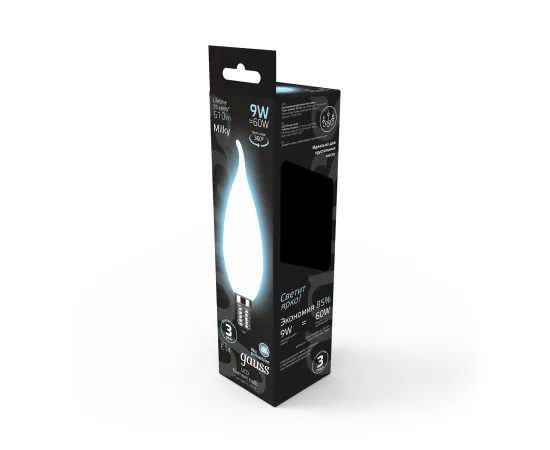 Фото Лампа Gauss Filament Свеча на ветру 9W 610lm 4100К Е14 milky LED арт. 104201209