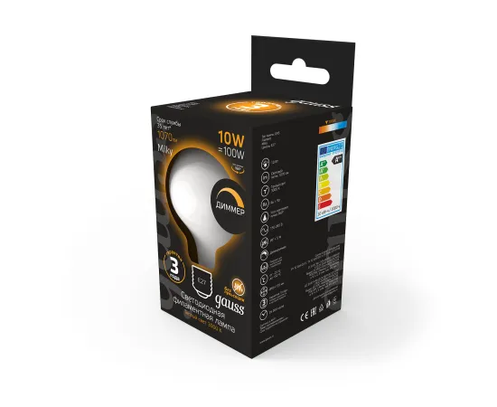 Фото характеристики Лампа Gauss Filament G95 10W 1070lm 3000К Е27 milky диммируемая LED арт. 189202110-D