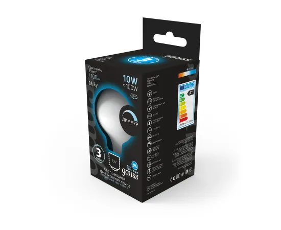 Фото характеристики Лампа Gauss Filament G95 10W 1100lm 4100К Е27 milky диммируемая LED арт. 189202210-D