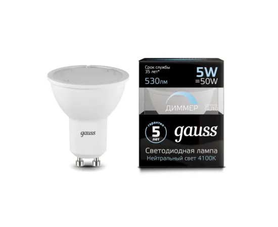 Фото Лампа Gauss MR16 5W 530lm 4100K GU10 диммируемая LED арт.101506205-D