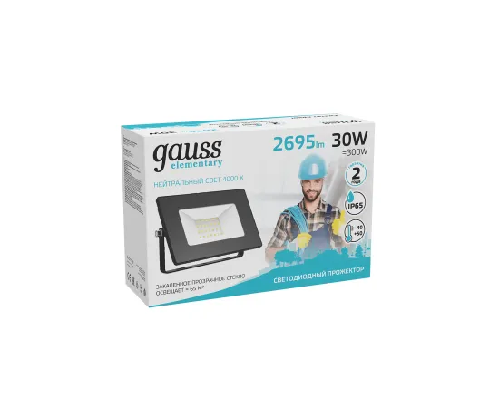 Фото Прожектор Gauss Elementary 30W 2695lm 4000К 200-240V IP65 черный LED арт. 613100230