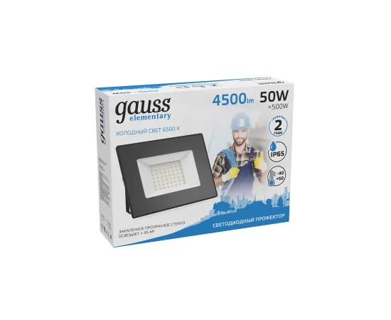 Фото Прожектор Gauss Elementary 50W 4500lm 6500К 200-240V IP65 черный LED арт. 613100350