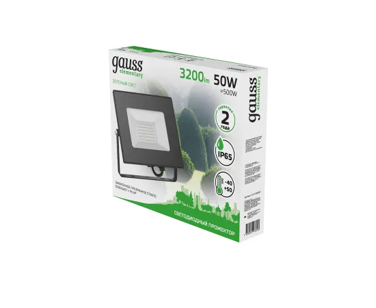Фото характеристики Прожектор Gauss Elementary 50W 3200lm зеленого свечения 175-265V IP65 черный LED арт. 613100650