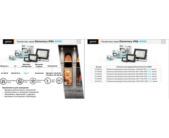 Фото серия Прожектор Gauss Elementary 30W 2695lm 4000К 200-240V IP65 черный LED арт. 613100230