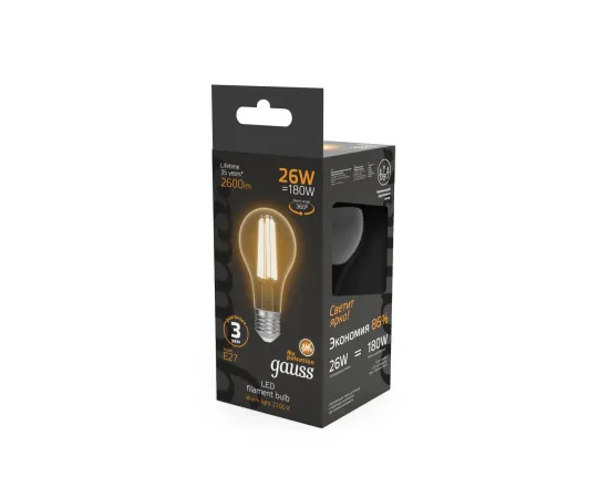 Фото Лампа Gauss Filament А70 26W 2600lm 2700К Е27 LED 1/10/40 Артикул: 102902126 Фото Лампа Gauss Filament А70 26W 2600lm 2700К Е27 LED 1/10/40 Артикул: 102902126