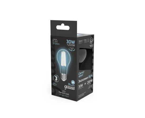 Фото Лампа Gauss Filament А70 30W 3100lm 4100К Е27 LED арт. 102902230 Фото Лампа Gauss Filament А70 30W 3100lm 4100К Е27 LED арт. 102902230