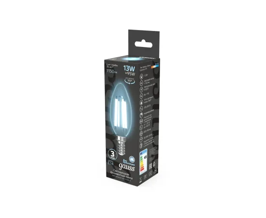 Фото Лампа Gauss Filament Свеча 13W 1150lm 4100К Е14 LED 1/10/50 Артикул: 103801213