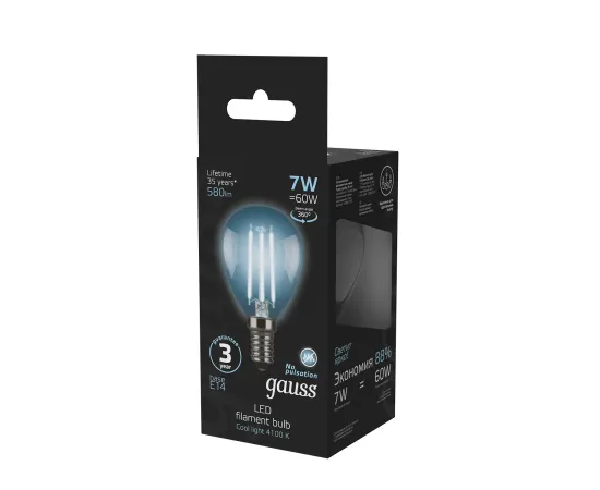 Лампа Gauss Filament Шар 7W 580lm 4100К Е14 LED 1/10/50, изображение 2