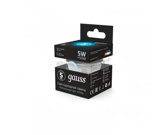 Фото характеристики Лампа Gauss MR16 5W 530lm 4100K GU5.3 диммируемая LED 1/10/100 арт. 101505205-D